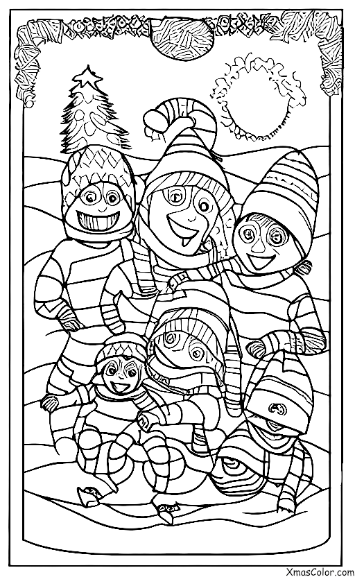 Noël / Luge: Une famille de trois personnes faisant du toboggan ensemble sur une colline
