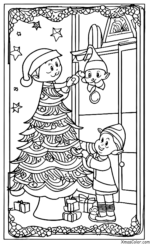 Noël / Lutins: Elfe décorant le sapin de Noël