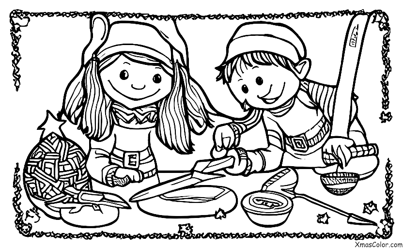 Noël / Lutins: Un elf qui sculpte un jouet en bois