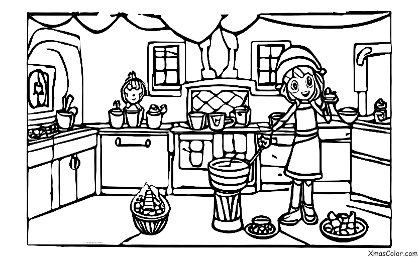 Noël / Lutins: Un elfe cuisinant dans la cuisine