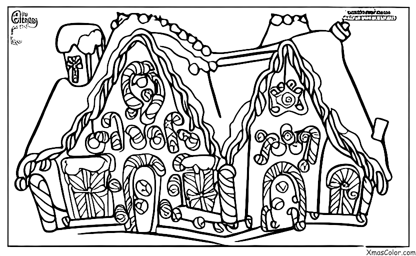 Noël / Maisons de pain d'épices de Noël: Une maison en pain d'épice avec un arbre de Noël glacé et des décorations en bonbons