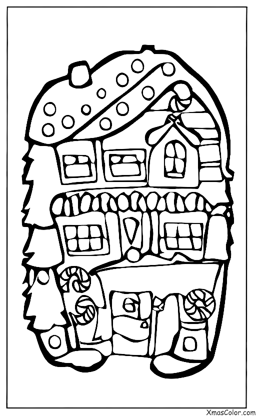 Noël / Maisons de pain d'épices de Noël: Une maison en pain d'épice avec un bonhomme de neige dans la cour