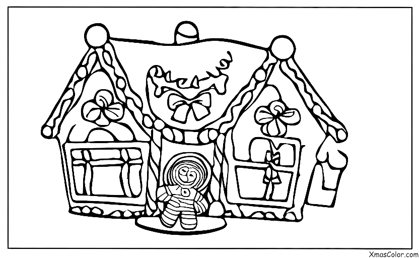 Noël / Maisons de pain d'épices de Noël: Une maison en pain d'épice avec un bonhomme de pain d'épice dans le jardin