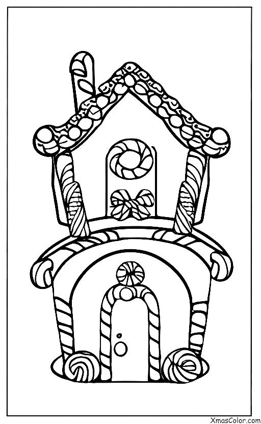 Noël / Maisons de pain d'épices de Noël: une maison en pain d'épice avec une cheminée en bonbon et une couronne de bonbons sur la porte