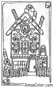 Noël / Maisons de pain d'épices de Noël: Une maison en pain d'épices avec un grand sapin de Noël devant elle