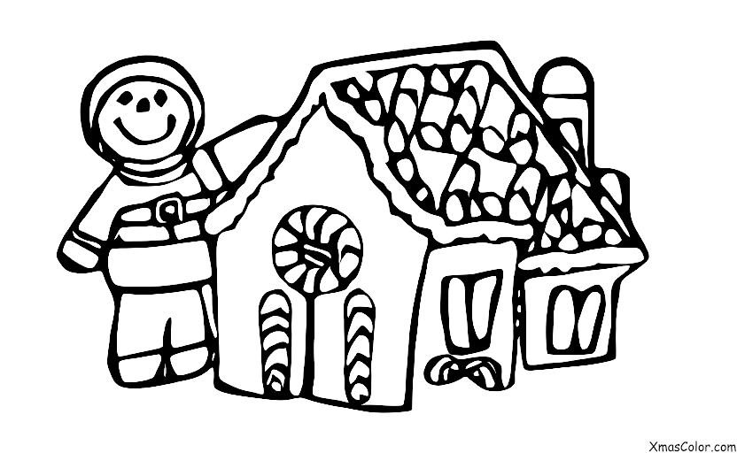 Noël / Manger des maisons en pain d'épices: Une famille de bonhommes de pain d'épice en train de manger une maison en pain d'épice