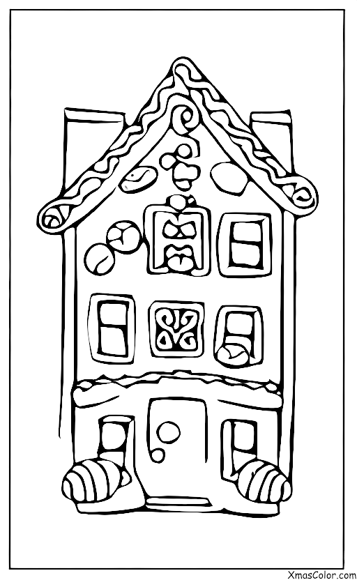 Noël / Manger des maisons en pain d'épices: Une maison en pain d'épice avec un bonhomme en pain d'épice qui regarde par la fenêtre