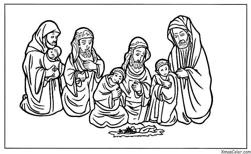 Noël / Marie: Les trois rois mages apportant des cadeaux à l'enfant Jésus