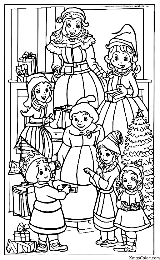 Noël / Mme Claus: Mme Claus et les lutins enveloppant des cadeaux