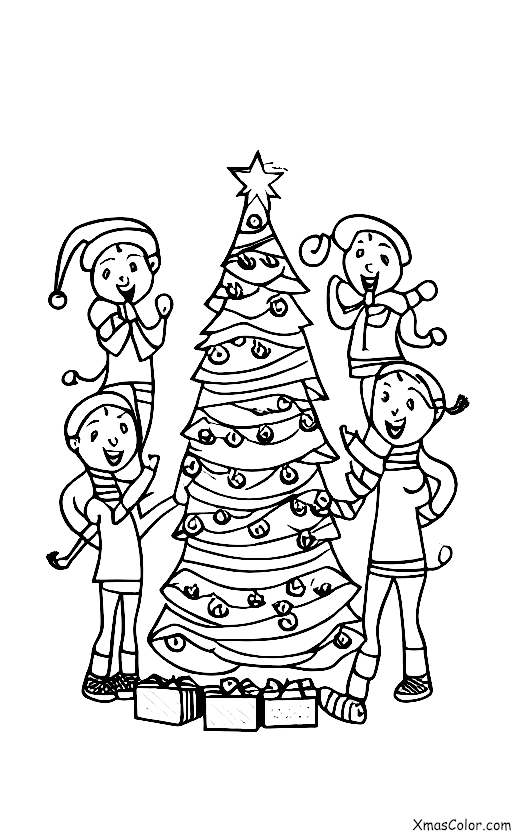 Noël / Noël à la campagne: Un groupe d'amis chantant des chansons de Noël autour de l'arbre de Noël