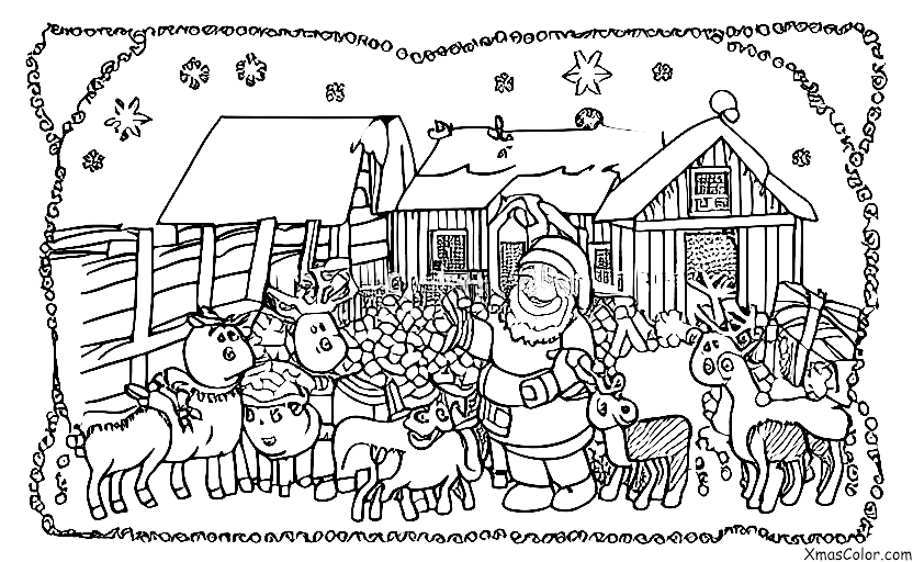 Noël / Noël à la ferme: Père Noël nourrit ses rennes dans le grange