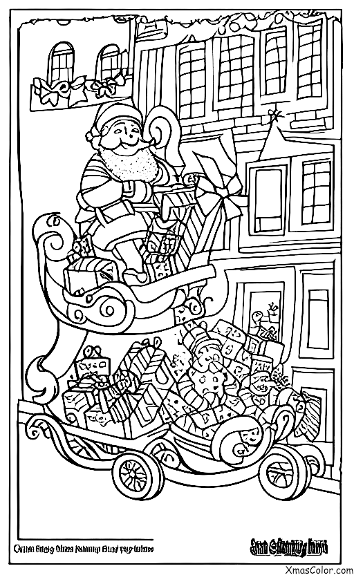 Noël / Noël à la ville: Père Noël chevauchant son traîneau dans les rues de la ville