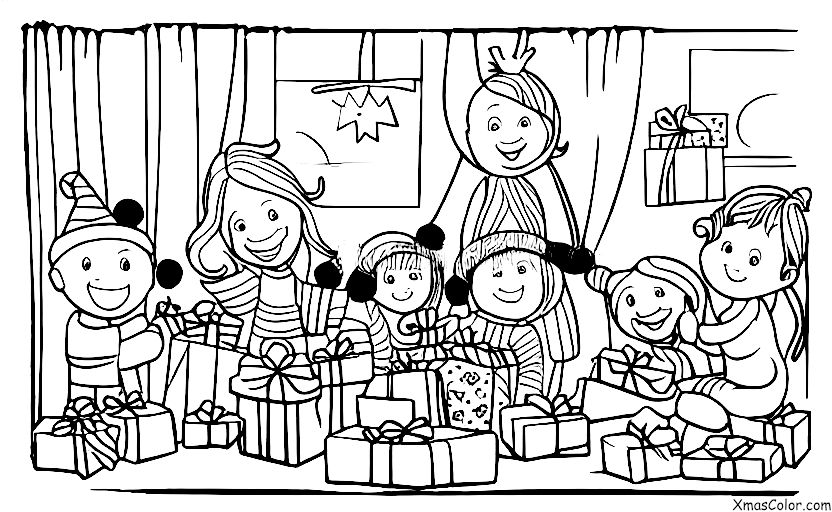 Noël / Noël au présent: Les enfants ouvrent des cadeaux le matin de Noël