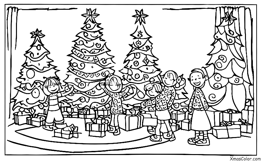 Noël / Noël aux États-Unis: Une famille réunie autour du sapin de Noël, ouvrant les cadeaux