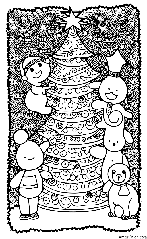 Noël / Noël avec des animaux: Les animaux rassemblés autour d'un sapin de Noël