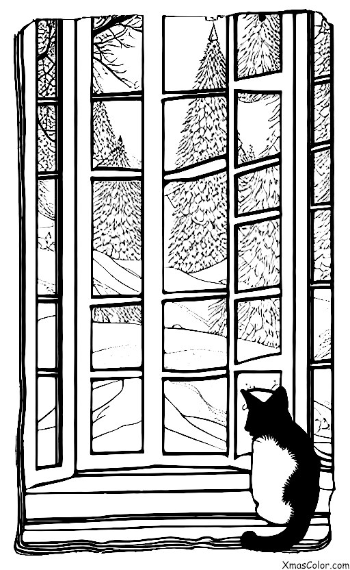 Noël / Noël avec des animaux: Un chat regardant par la fenêtre sur la scène hivernale neigeuse