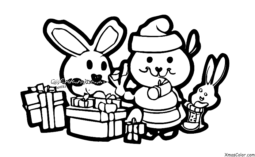 Noël / Noël avec des animaux: Un lapin dans un chapeau de Père Noël mangeant une carotte