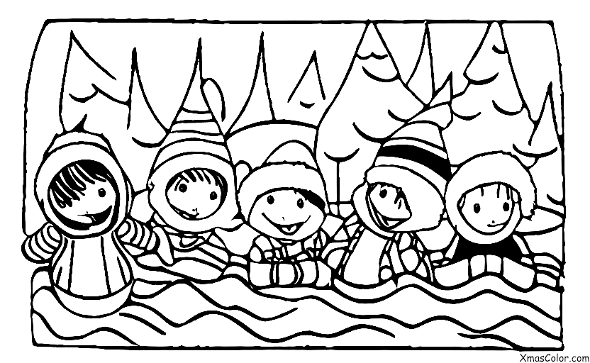 Noël / Noël dans la banlieue: Les enfants glissent sur une colline