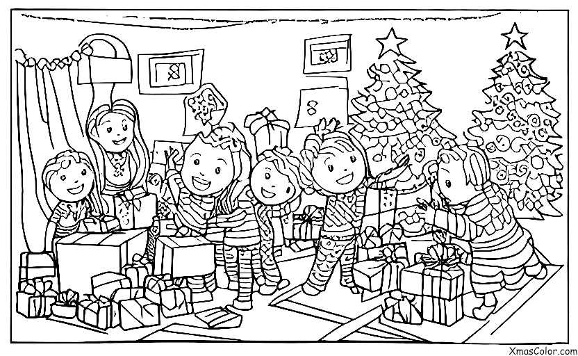 Noël / Noël dans la banlieue: Les enfants ouvrent leurs cadeaux le matin de Noël