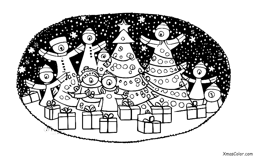 Noël / Noël dans la banlieue: Un groupe d'amis réunis autour d'un sapin de Noël, souriant et appréciant la compagnie de l'autre.