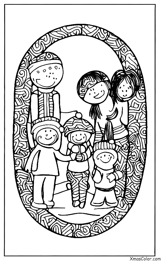 Noël / Noël dans la banlieue: Une famille de quatre personnes qui se promènent dans un quartier enneigé pour aller voir des lumières de Noël