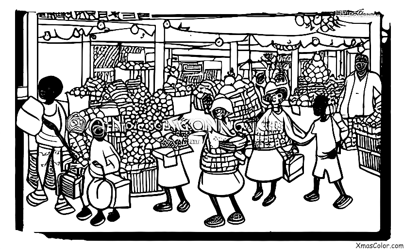 Noël / Noël en Afrique: Une scène de marché avec des gens qui vendent et achètent des cadeaux de Noël
