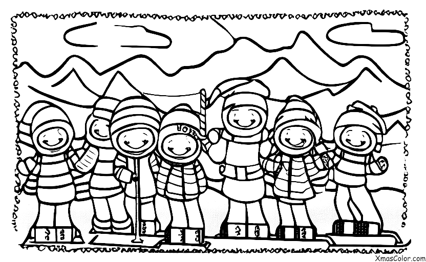 Noël / Noël en montagne: Un groupe de personnes en train de skier sur une montagne
