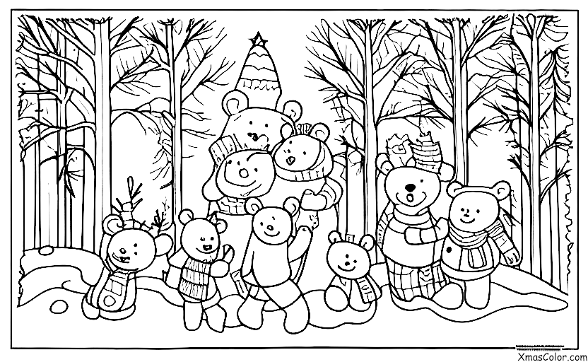 Noël / Noël en montagne: Une famille d'ours appréciant le paysage d'hiver