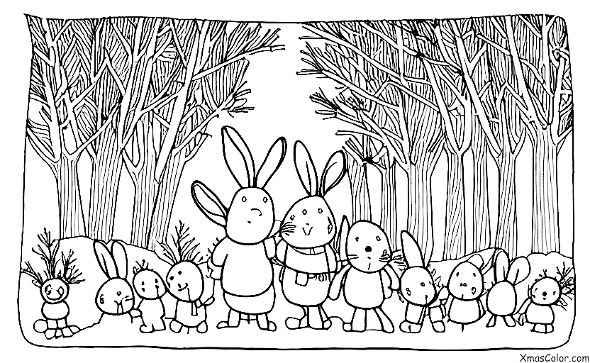 Noël / Noël en montagne: Une famille de lapins qui profitent du paysage hivernal