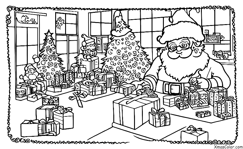 Noël / Noël Geek: Père Noël assis dans son atelier entouré de jouets de Noël geeks