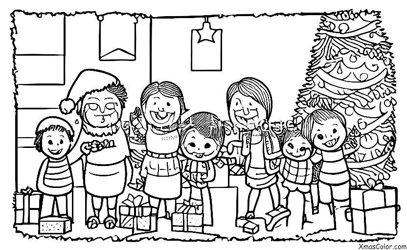 Noël / Noël moderne: Une famille ouvrant des cadeaux le matin de Noël