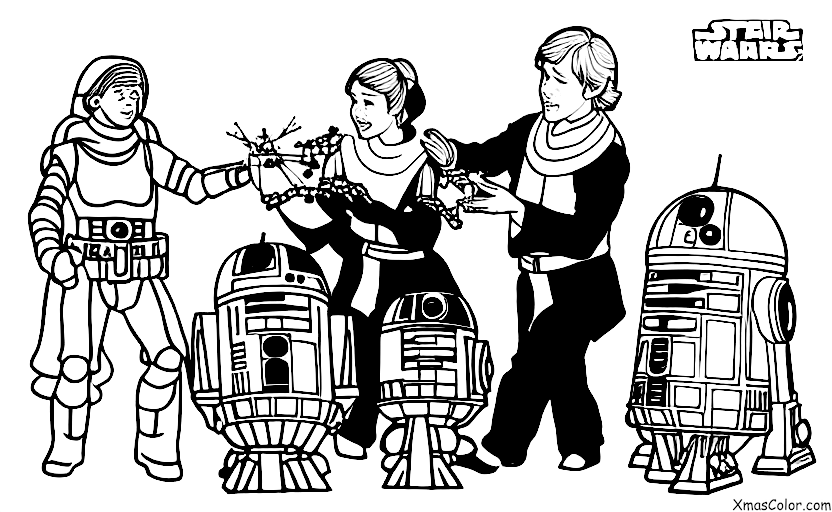 Noël / Noël Star Wars: Luke Skywalker et Princesse Leia décorant un sapin de Noël
