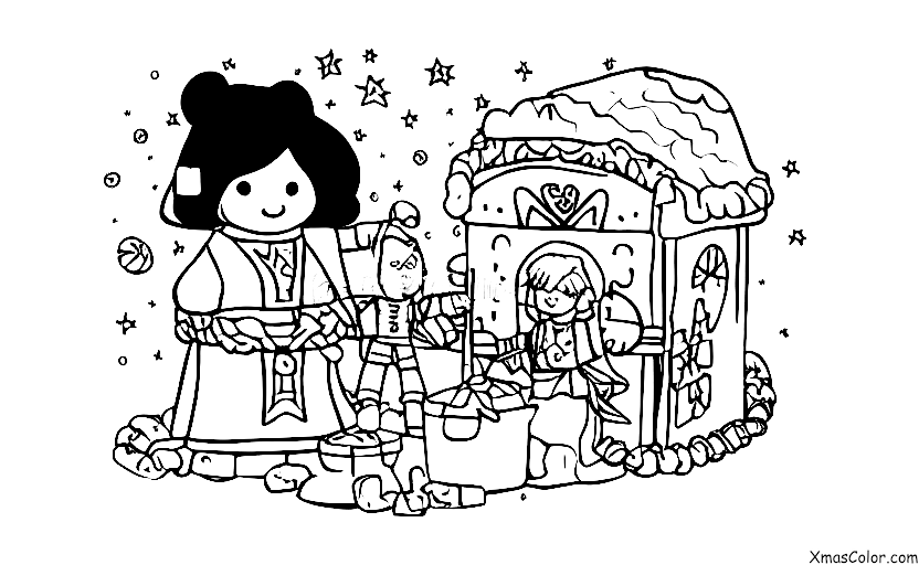 Noël / Noël Star Wars: Une scène de Luke Skywalker et de la princesse Leia en train de décorer une maison en pain d'épice