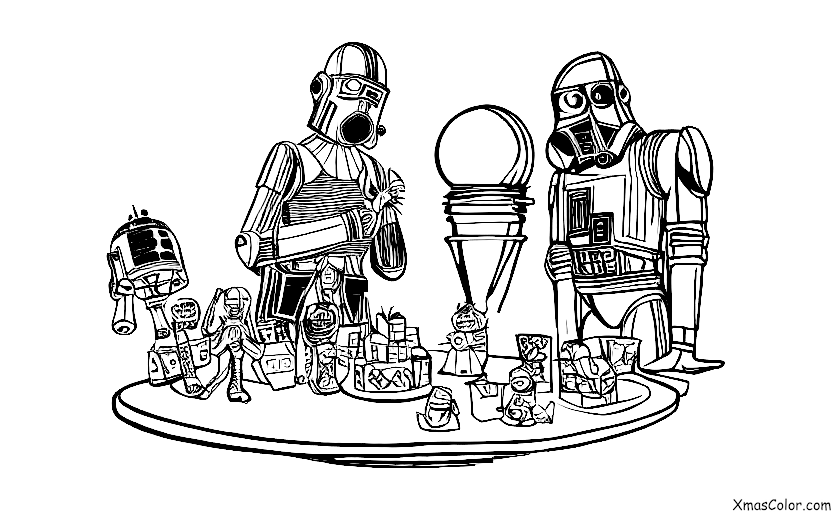 Noël / Noël Star Wars: Une scène de R2-D2 et C-3PO décorant un sapin de Noël