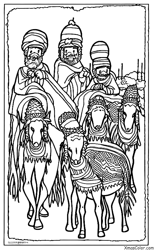 Noël / Nous Trois Rois: Les trois rois sur leurs chameaux, voyageant à travers le désert