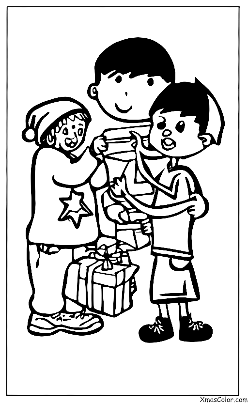 Noël / Offrir: Un garçon qui donne un cadeau de Noël à une personne sans-abri