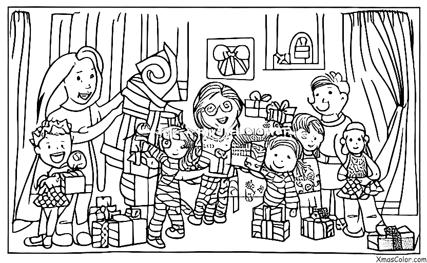 Noël / Offrir: Une famille s'offrant des cadeaux mutuellement
