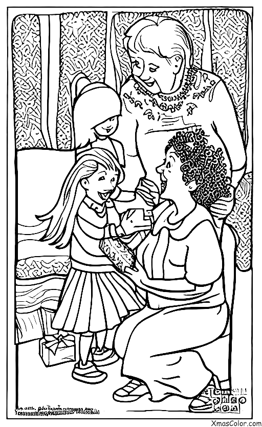 Noël / Offrir: Une petite fille offrant un cadeau de Noël à sa grand-mère