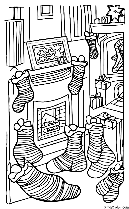 Noël / Papier cadeau de Noël: Une cheminée avec des bas suspendus et des cadeaux empilés autour d'elle