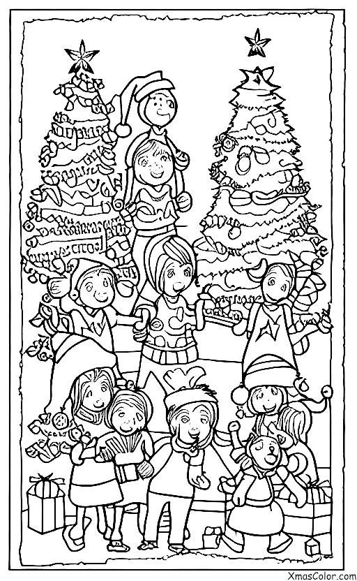 Noël / Parties de Noël: Amis rassemblés autour de l'arbre de Noël