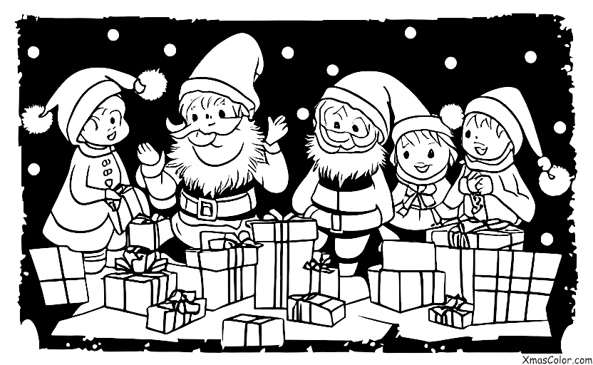 Noël / Pays des Merveilles d'Hiver: Père Noël et ses lutins en train d'emballer des cadeaux