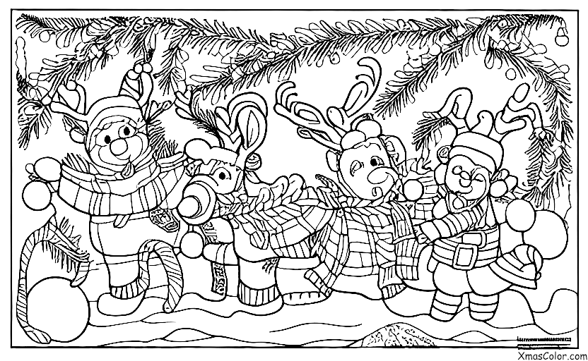 Noël / Pôle Nord: Rudolph et les autres rennes jouant dans la neige au pôle nord