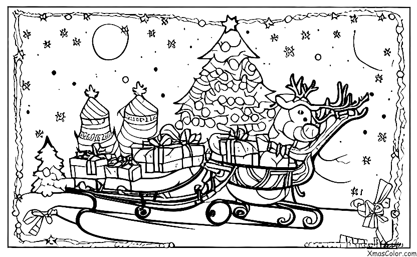 Noël / Renne: Un renne tirant un traîneau plein de cadeaux