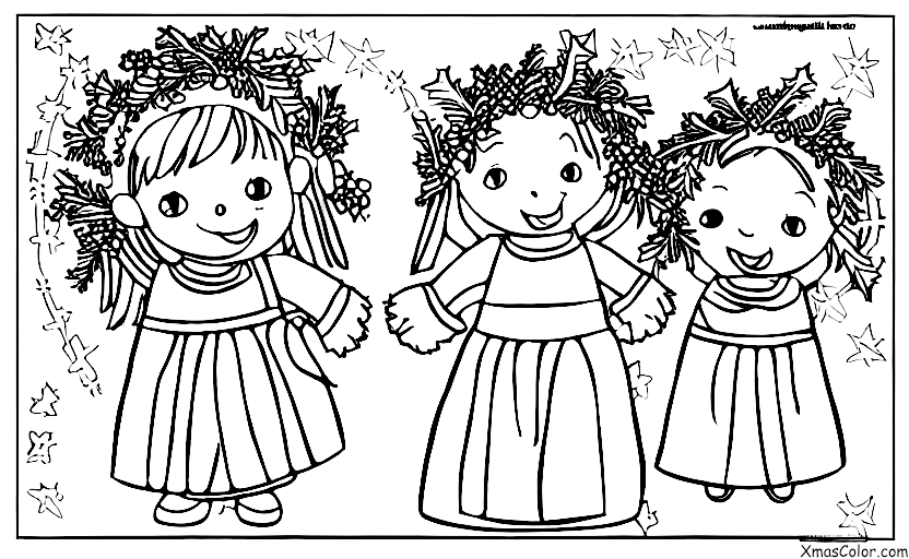 Noël / Saint-Lucie: Une fille et un garçon habillés en blanc avec une couronne de bougies sur la tête