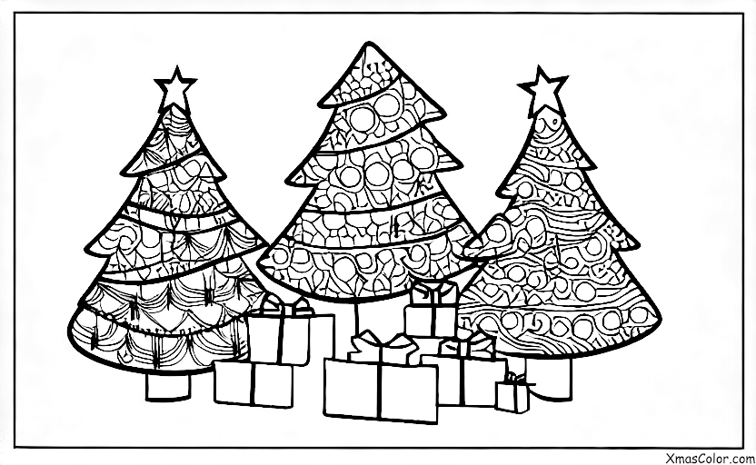 Noël / Sapins de Noël: Arbres de Noël décorés de guirlandes et d'ornements colorés