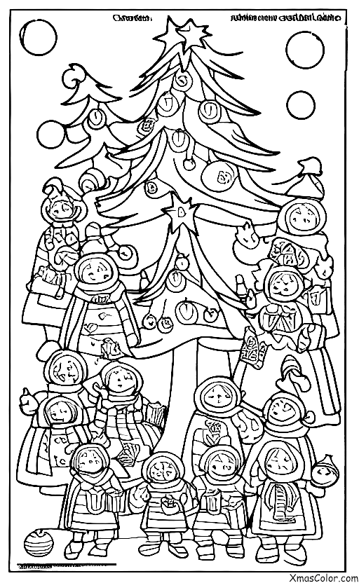 Noël / Sapins de Noël: un groupe de chanteurs de Noël chantant autour d'un sapin