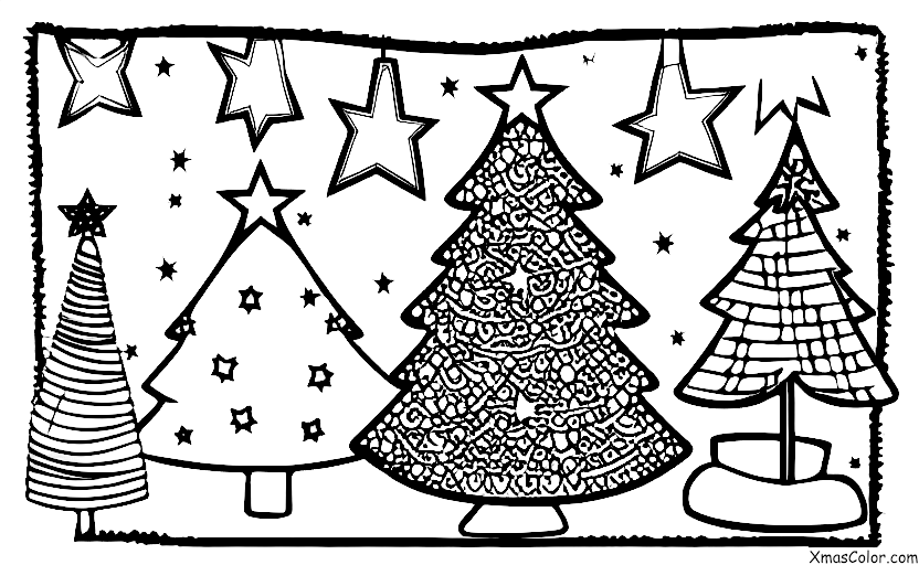 Noël / Sapins de Noël: Un sapin de Noël décoré de lumières, de boules et d'une étoile sur le dessus