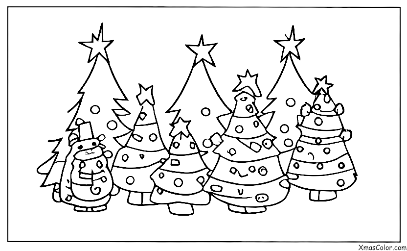 Noël / Sapins de Noël: Une famille de renards assis devant un sapin de Noël