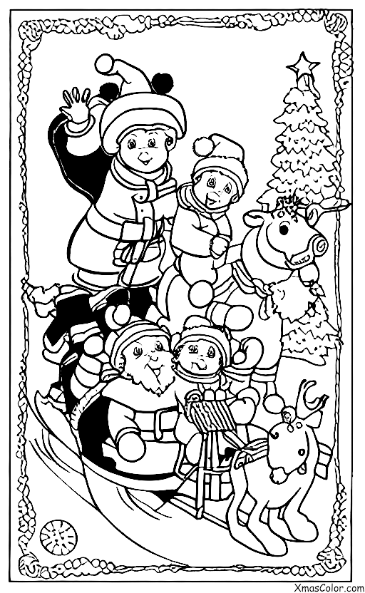 Noël / Ski: Le Père Noël et ses rennes en train de faire du ski