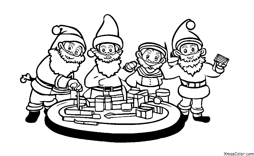 Noël / Ski: Papa Noël et ses lutins au travail dans l'atelier